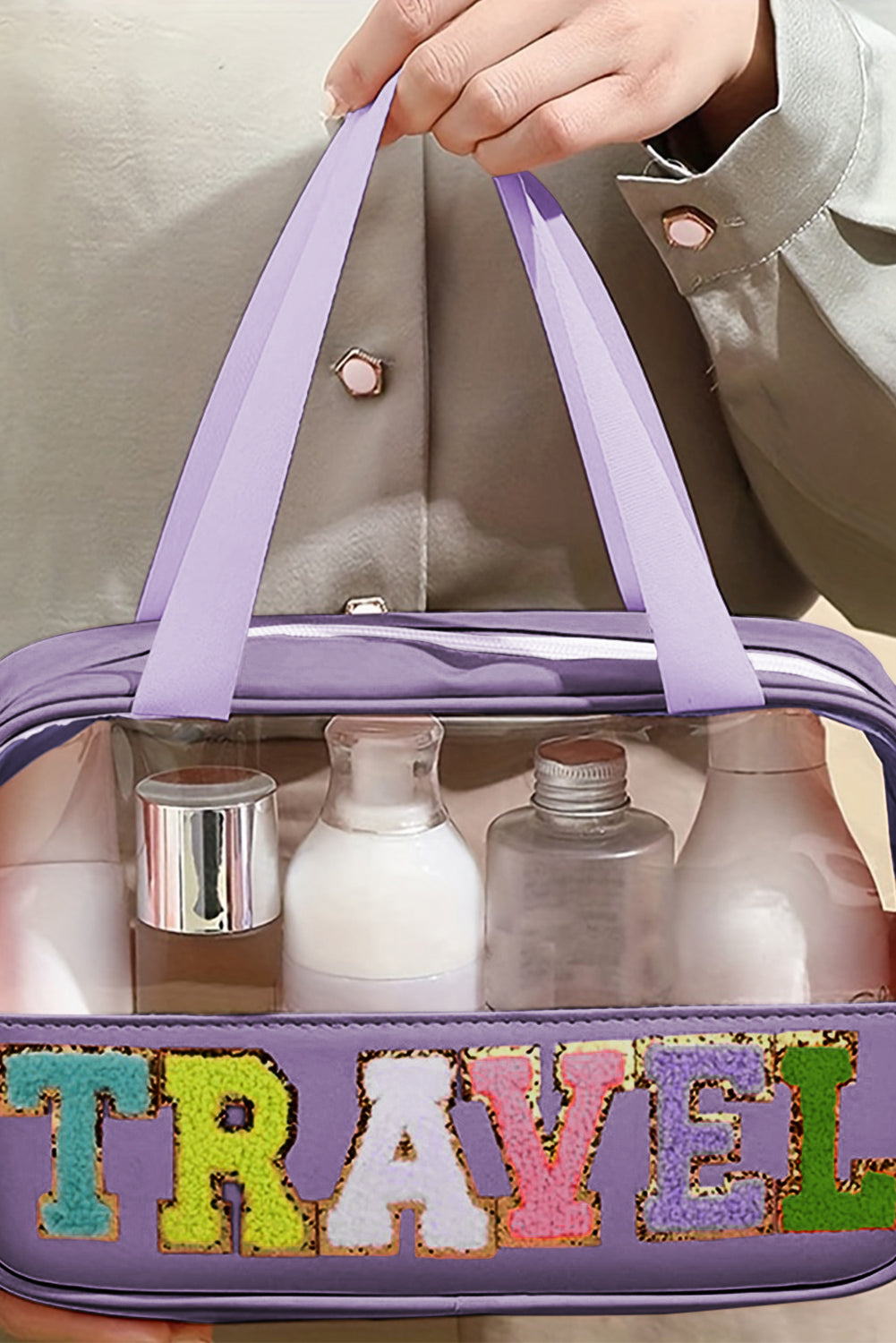 Purple TRAVEL Chenille Letter Makeup Bag