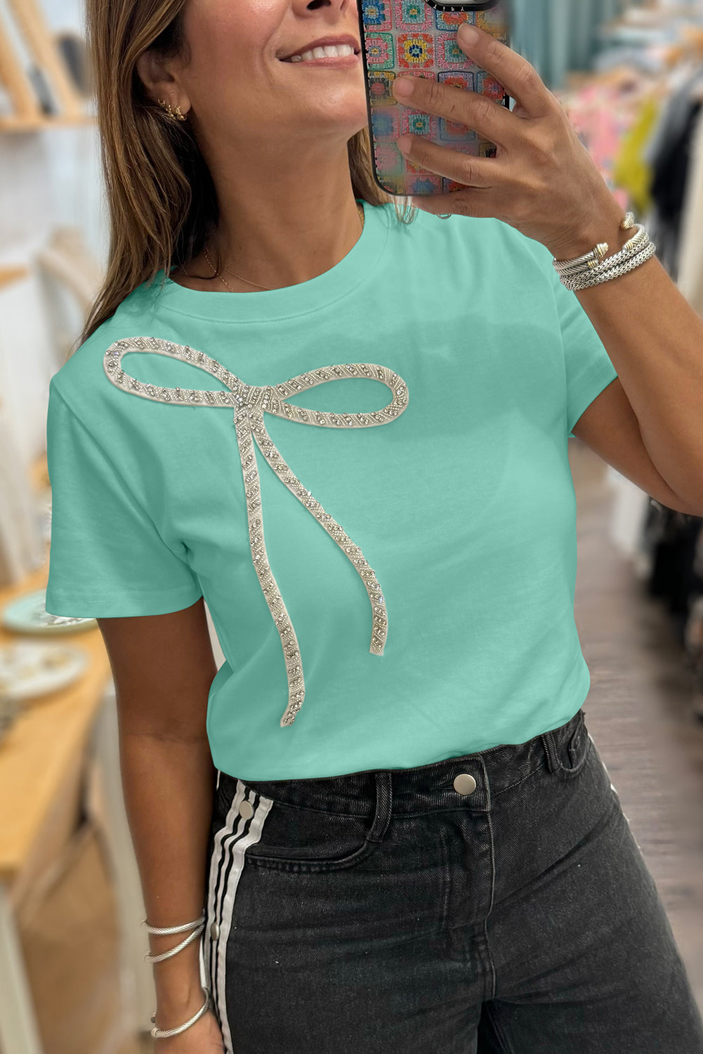 Mint To Be Me Rhinestone Bow Top