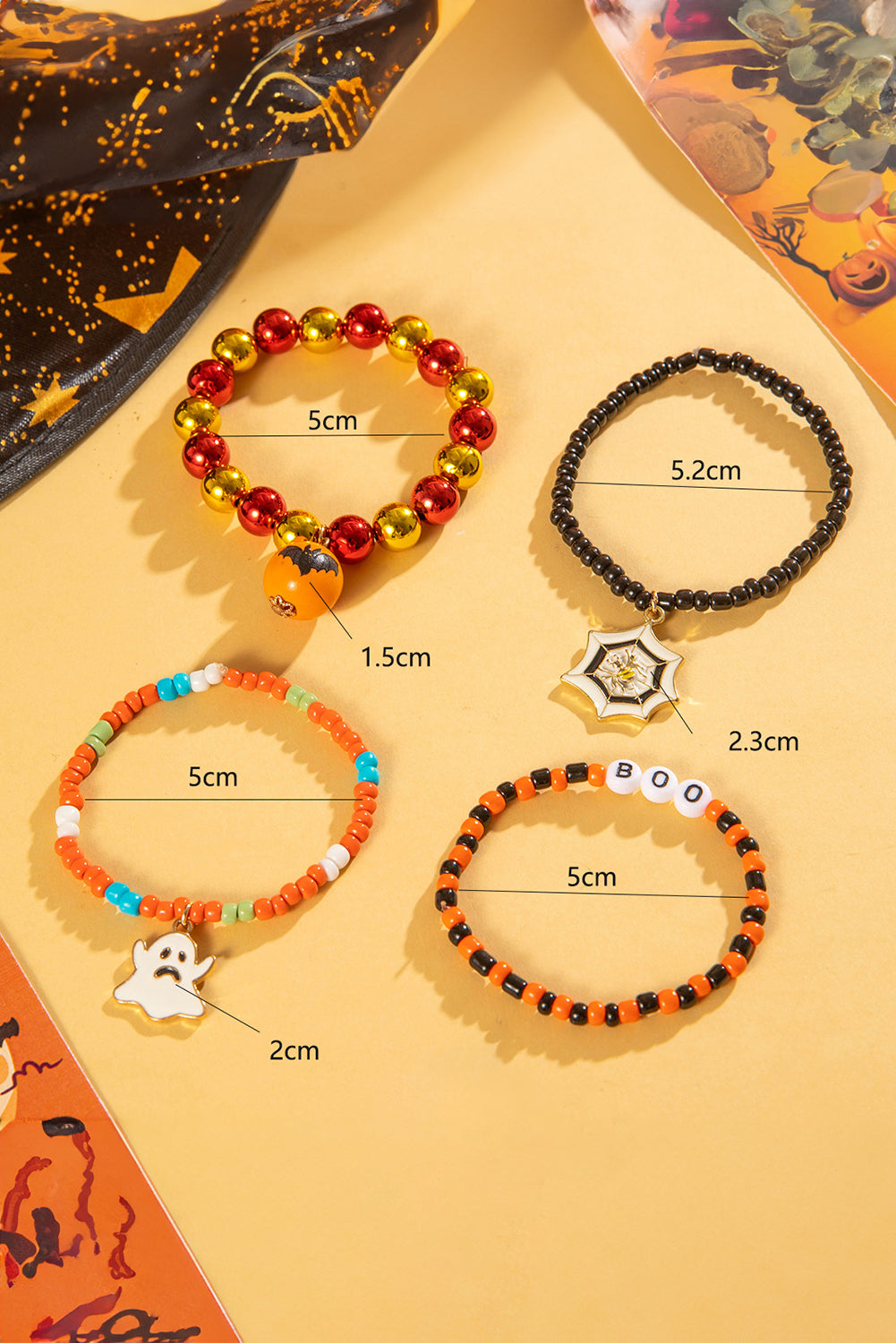 Orange 4pcs Halloween Ghost Spider Web Beaded Bracelet Bundle