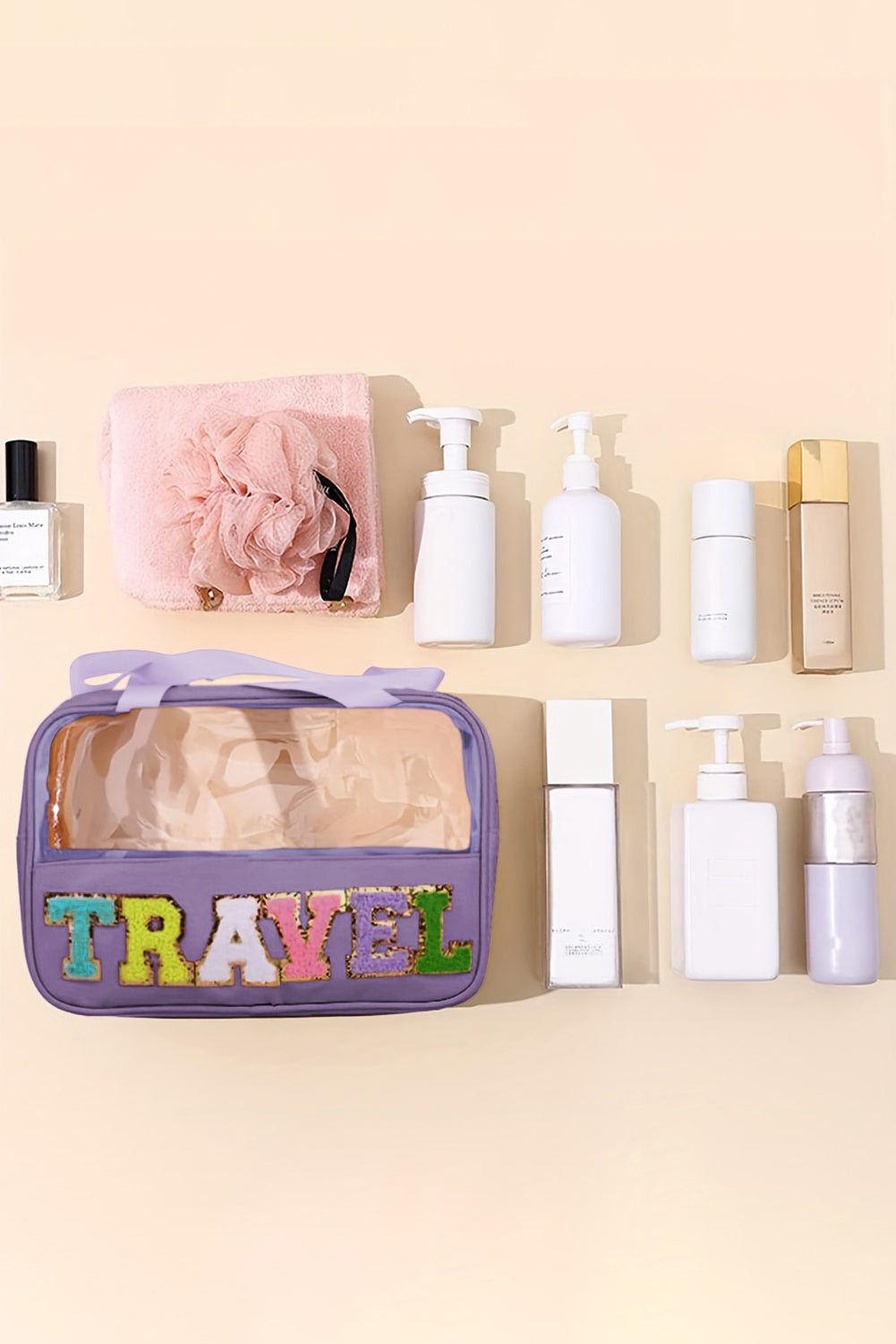 Purple TRAVEL Chenille Letter Makeup Bag