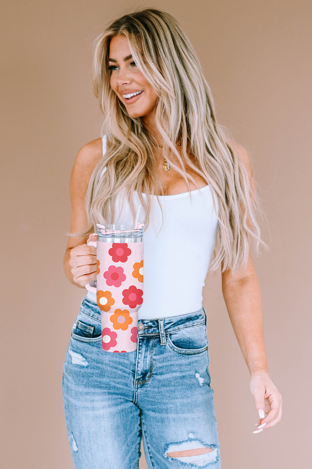 Peachy Keen Floral Print Stainless Steel Tumbler 40oz