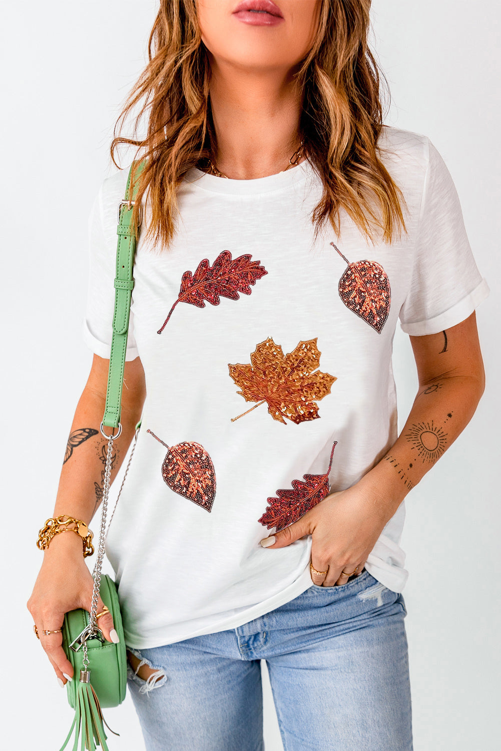 Sequined Leaves Graphic Crew Neck T Shirt