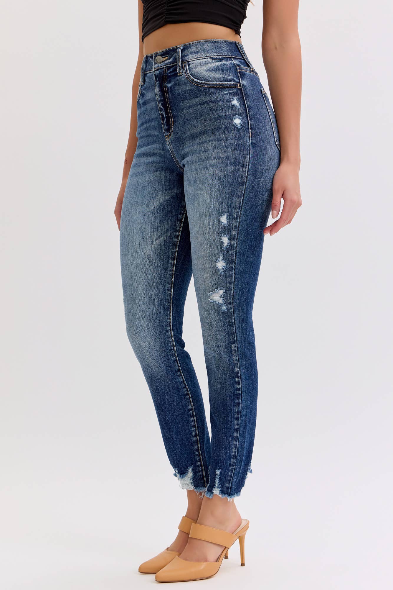 Cello-Stretch High Rise Skinny Jean with Frayed Hem