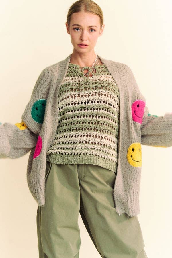 FUZZY SMILE LONG BELL SLEEVE OPEN KNIT CARDIGAN