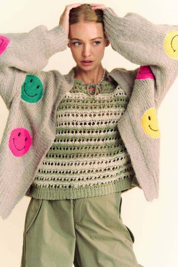 FUZZY SMILE LONG BELL SLEEVE OPEN KNIT CARDIGAN