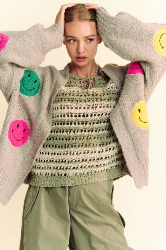 FUZZY SMILE LONG BELL SLEEVE OPEN KNIT CARDIGAN
