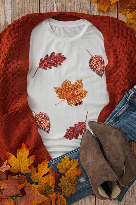 Sequined Leaves Graphic Crew Neck T Shirt