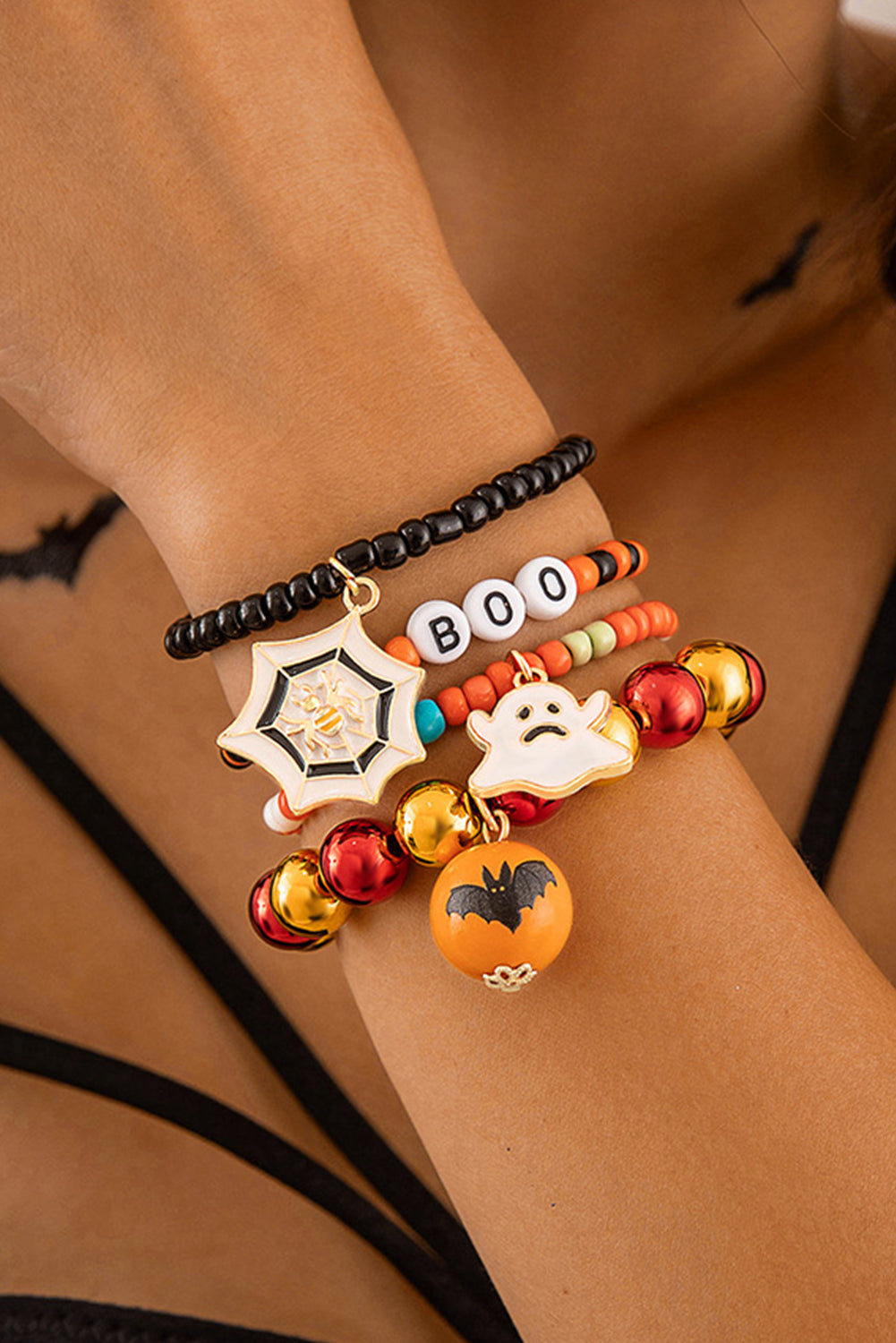 Orange 4pcs Halloween Ghost Spider Web Beaded Bracelet Bundle