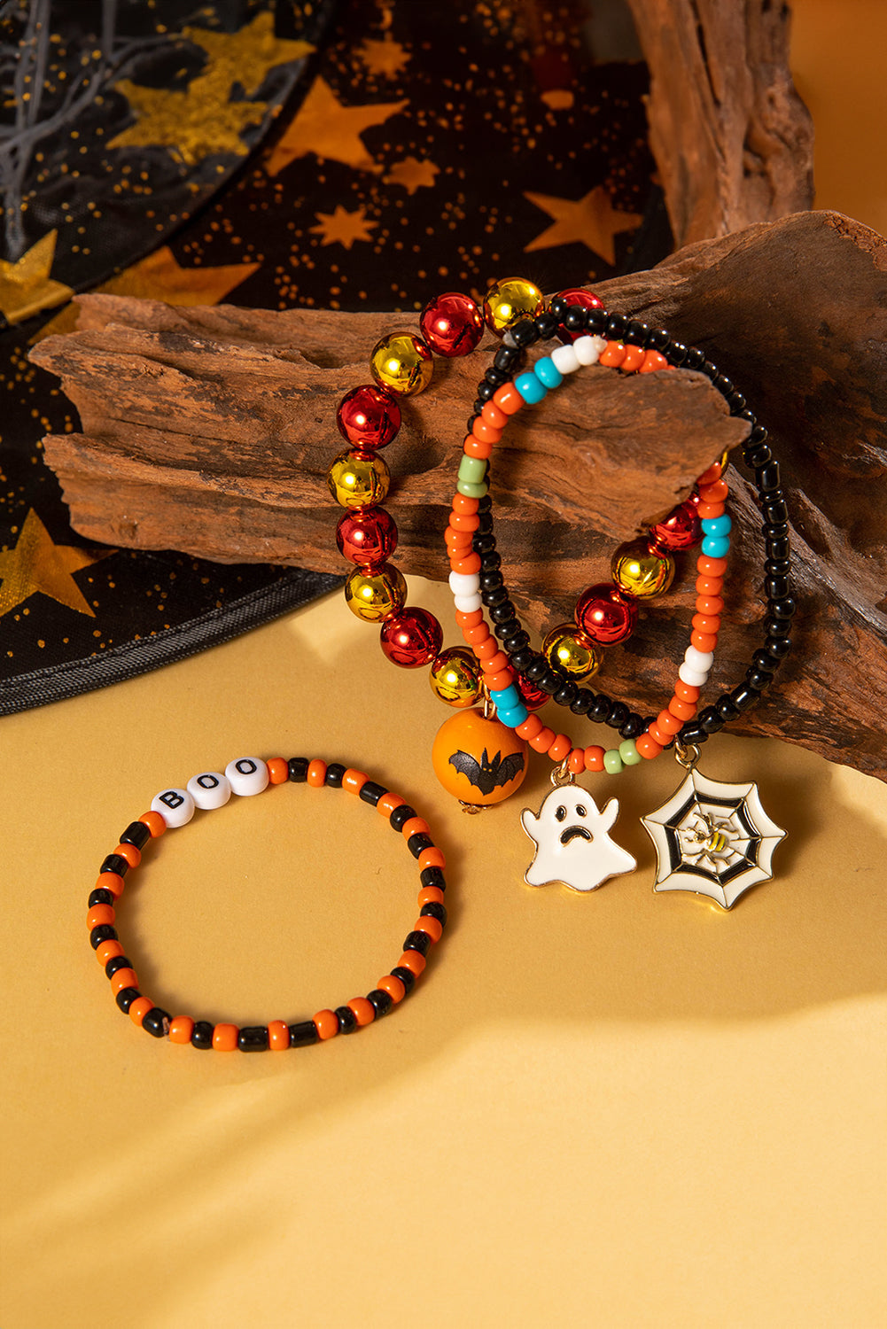 Orange 4pcs Halloween Ghost Spider Web Beaded Bracelet Bundle