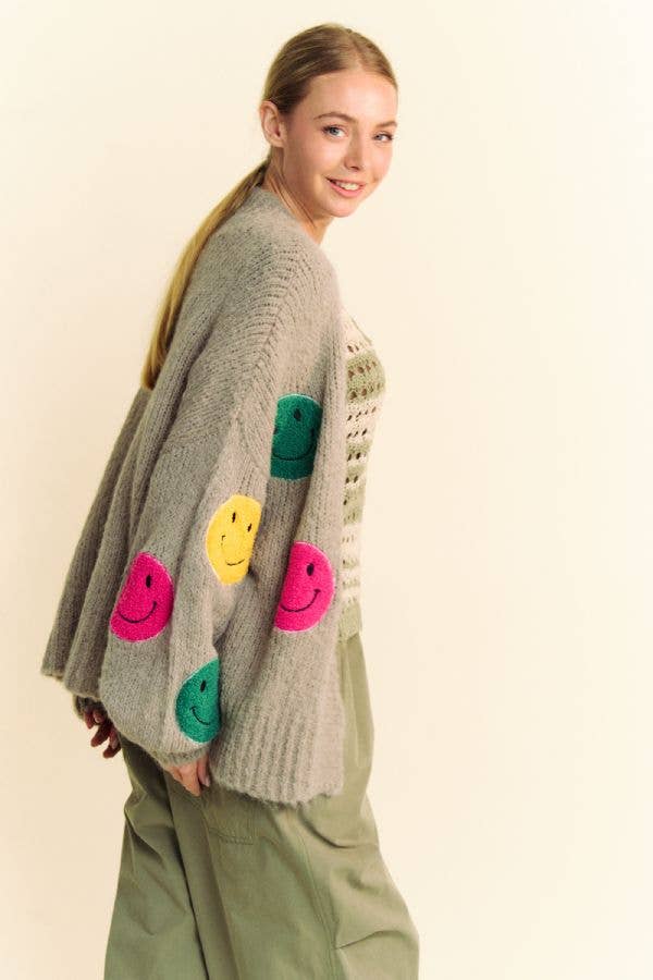 FUZZY SMILE LONG BELL SLEEVE OPEN KNIT CARDIGAN